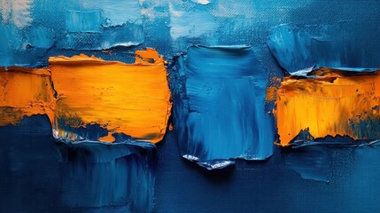 abstract expressionist painting bold brushstrokes in vibrant blue and orange layered textures creating depth and movement on canvas
