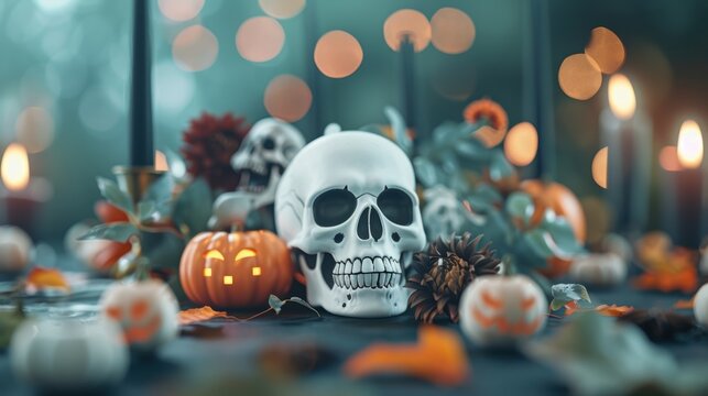 A close-up of a spooky Halloween table setting adorned with eerie skeletons and skulls, creating a chilling atmosphere for festive celebrations.