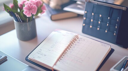 A well-organized planner with task lists and goals, open on a clean desk.
