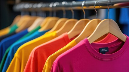 Custom apparel: Colorful custom-printed t-shirts on hangers, representing the customization options available for various types of apparel.