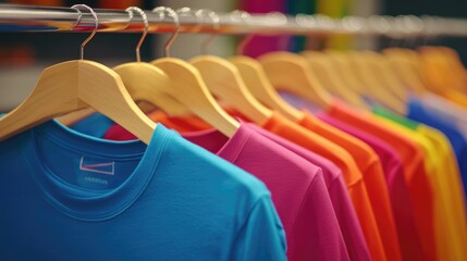 Custom apparel: Colorful custom-printed t-shirts on hangers, representing the customization options available for various types of apparel.