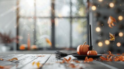 A festive table setting adorned with witches' brooms and spooky Halloween decorations, creating a fun and eerie ambiance for themed gatherings and events.