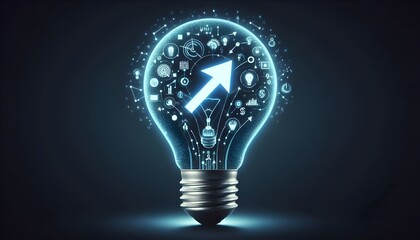 Lightbulb with arrow in blue light on dark background. Idea and startup concept.
