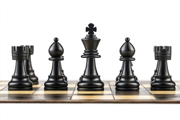 Isolated on a white background are black chess pieces on an antique wooden chessboard. Generative Ai