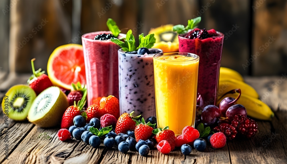 Wall mural Colorful assortment of fresh fruit smoothies in tall glasses on a rustic wooden table, celebrating vibrant health and organic living