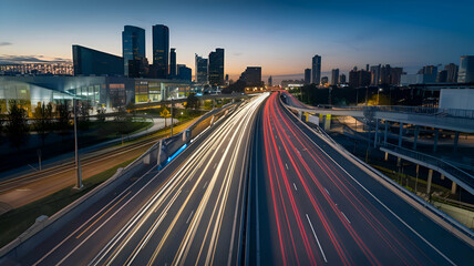 Fototapeta premium Stunning Aerial View of Illuminated Highway Light Trails at Night - Dynamic Urban Landscape, Speed, Transportation, Modern Infrastructure, Night City Lights, Futuristic Motion Concept
