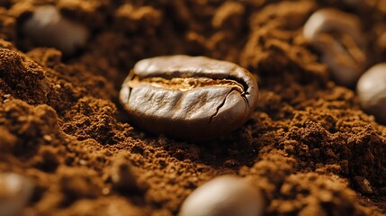 Close-up of a single roasted coffee bean on a bed of ground coffee.