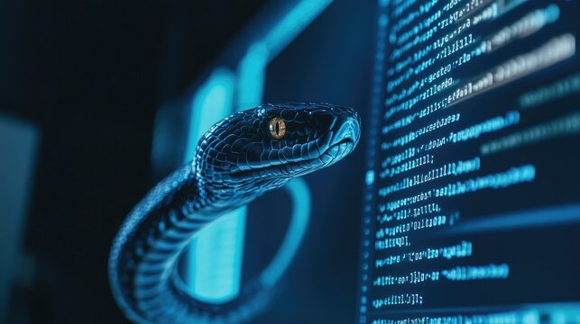 Data engineering: A computer screen displaying Python code with a digital snake, representing the application of Python programming in data engineering.