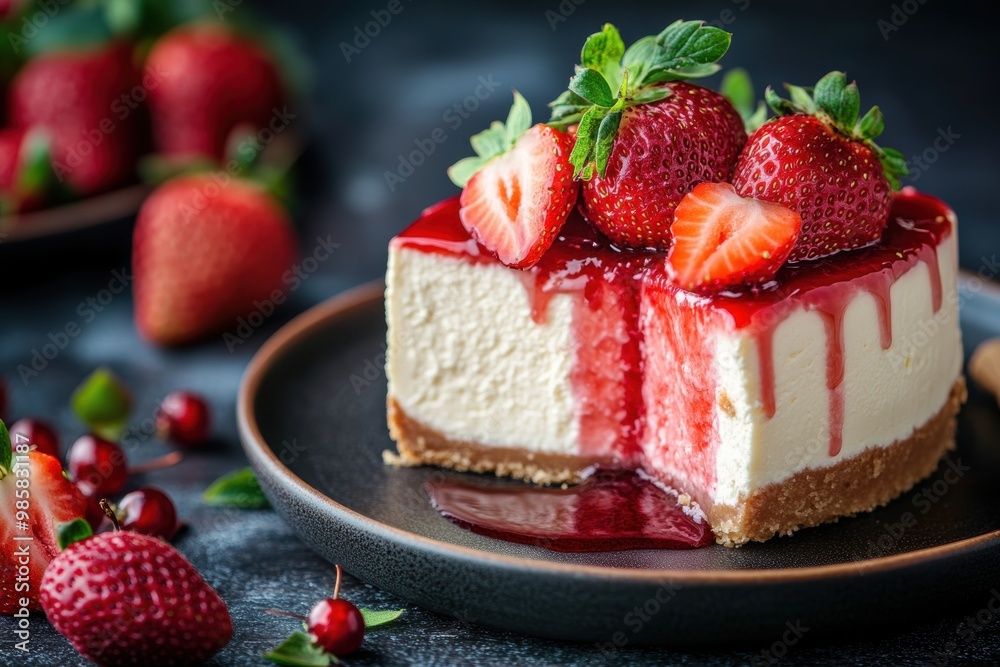 Wall mural tempting concept banner mockup with tasty cheesecake and fresh strawberries on top for a sweet treat