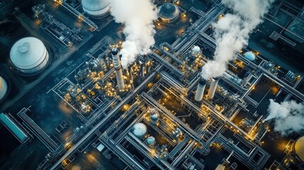 Aerial view of a sprawling oil refinery with interconnected pipelines, storage tanks, and billowing smokestacks, showcasing the industrial power of the oil industry