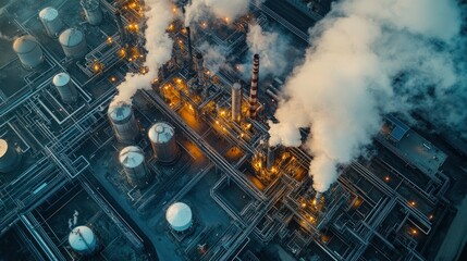 Aerial view of a sprawling oil refinery with interconnected pipelines, storage tanks, and billowing smokestacks, showcasing the industrial power of the oil industry