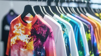 Dye sublimation printing: Colorful custom-printed t-shirts on hangers, showcasing the vibrant colors and high-quality prints achieved using dye sublimation.