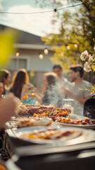 Group of diverse friends having outdoor barbecue party with food and drinks in garden