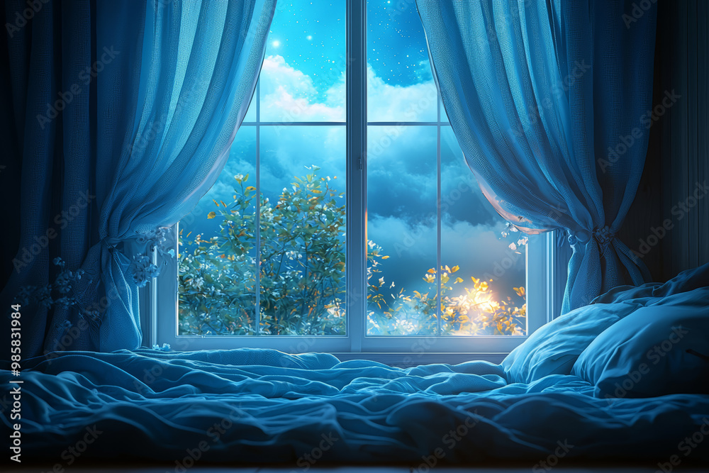 Canvas Prints a serene bedroom window with curtains gently swaying, allowing a soft moonlight to filter in. concep