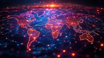 Obraz premium abstract visualization of global business connections with glowing network lines connecting illuminated nodes across a stylized world map representing international corporate networking