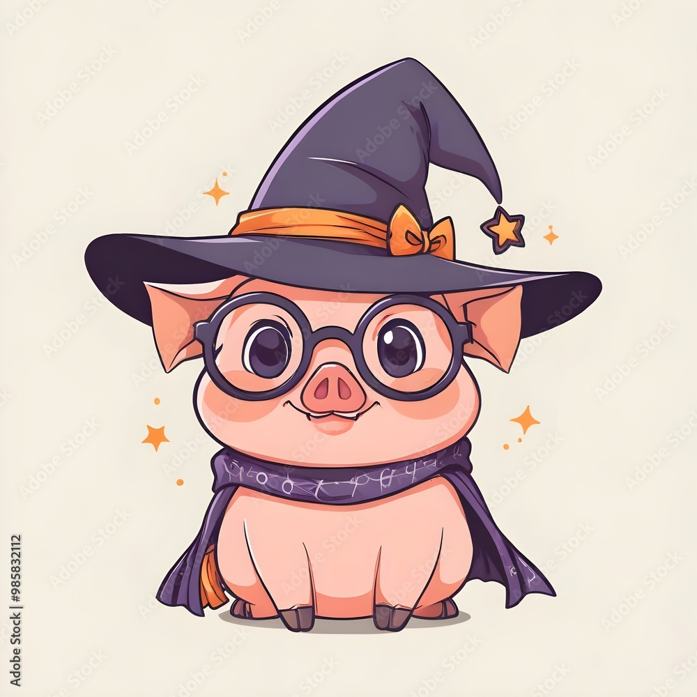 Poster cute pig in a witch hat