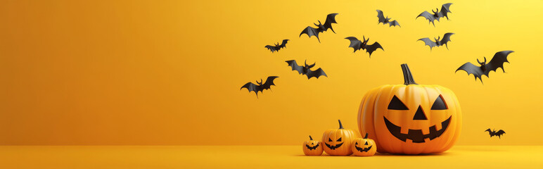 Naklejka premium Pumpkin with carved face, bats and autumn leaves on orange background