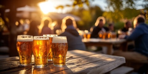 Bustling Outdoor Beer Garden Bar Filled with Patrons Enjoying Golden Hour Sunshine&mdash;A Relaxing Scene for Hospitality and Socialization.