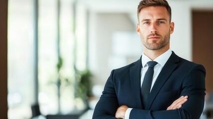 Fototapeta premium Professional executive standing with arms crossed in a sleek, modern office, exuding confidence and power executive authority, corporate leadership