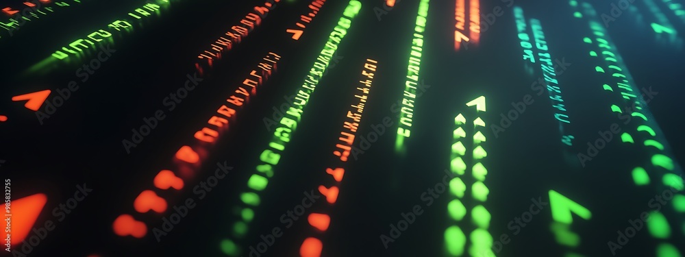 Poster Abstract digital code with green and orange glowing lines on dark background