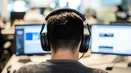 Serene Focused Professional Enjoying Noise-Canceling Headphones in a Buzzing Office, Isolating Sound for Productivity. Headphone use, sound reduction, and office atmosphere for concentration concepts.
