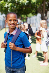 Portrait, education and backpack with boy at school for learning, students and future development. Kids, knowledge and growth with child studying at STEM academy for class, montessori and youth