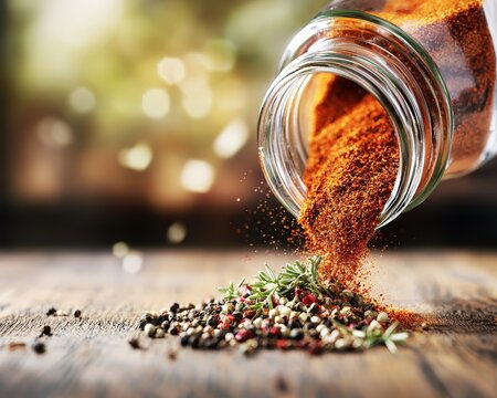 A vibrant spice mix being poured from a jar onto a wooden surface.