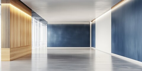 Obraz premium A bright interior space features blue accent walls and sleek wood elements, inviting natural light throughout the room
