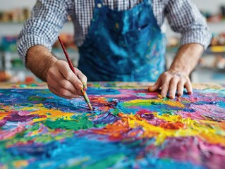 Obraz premium Close-up of artist's hand painting a vibrant abstract canvas. Focused, creative, and passionate about art.