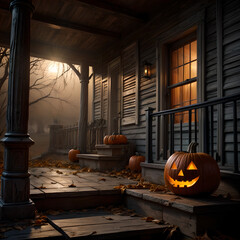 Obraz premium Charming Halloween scene: A glowing pumpkin on an old porch with cobwebs, featuring 'Happy Halloween' text in a spooky, misty atmosphere.