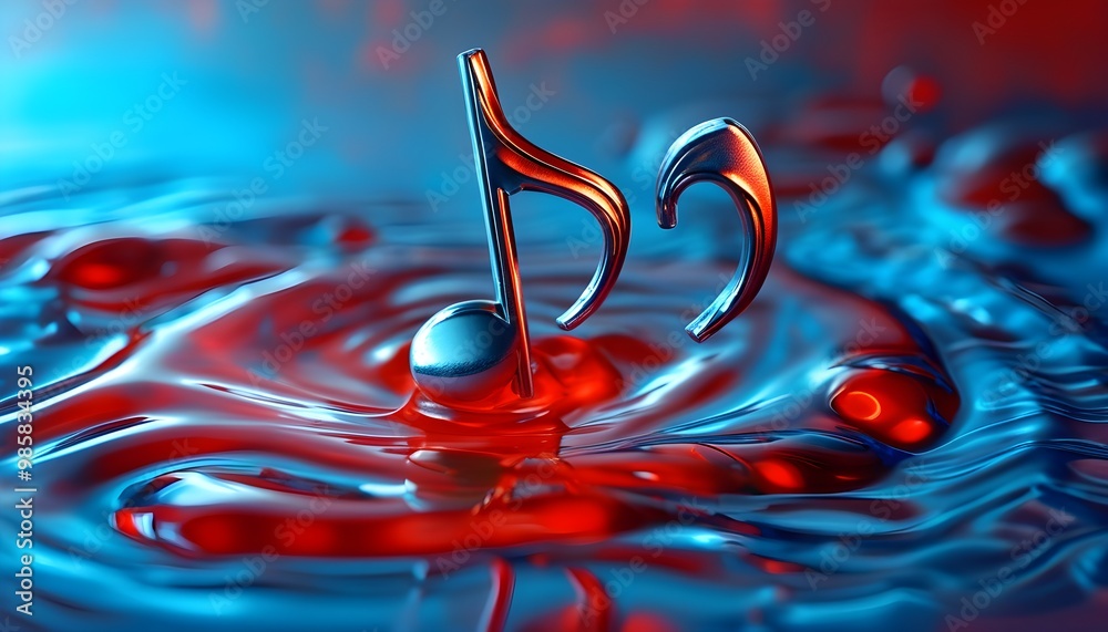 Wall mural Dynamic Metallic Music Notes Suspended in Vibrant Red and Blue Liquid