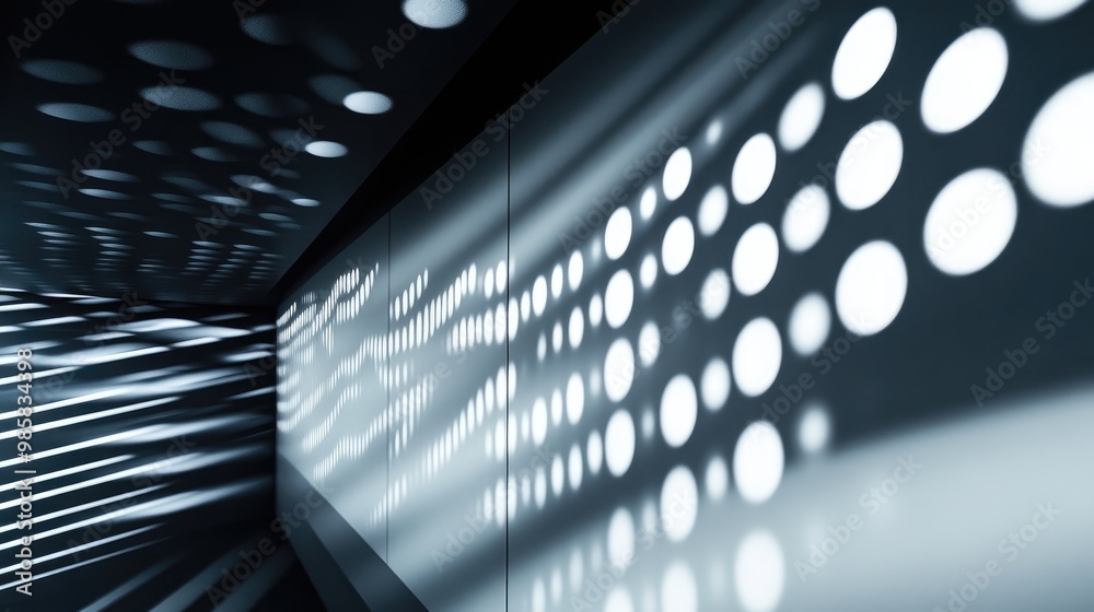 Poster an abstract light pattern created by multiple spotlights in a modern space. -