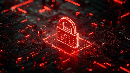 Futuristic, orange digital grid background with security symbol. Network Tech Wallpaper.