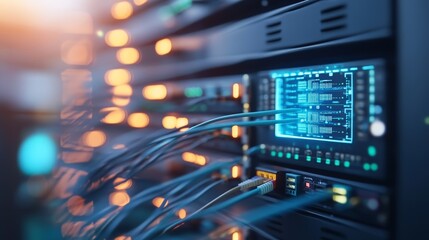 Obraz premium Close-up of server rack with blue cables and a digital display.