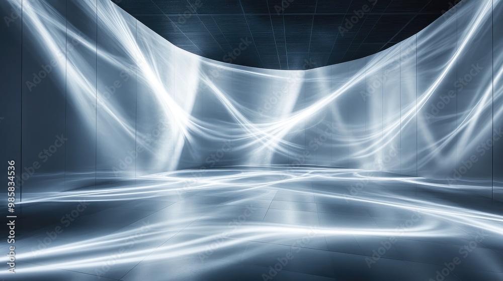 Poster an abstract light pattern created by multiple spotlights in a modern space. -
