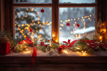 Festive Holiday Window Decorated with Snow and Twinkling Lights
