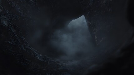 Dark, mysterious cave opening with swirling fog.