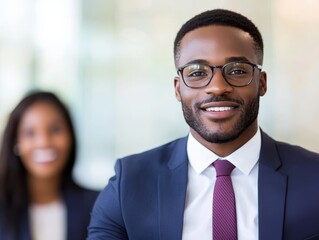 Fototapeta premium Confident African American businessman in suit and tie smiling with colleague in background.