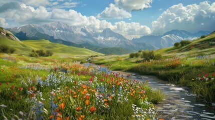 Mountain Meadow with Wildflowers and Creek
