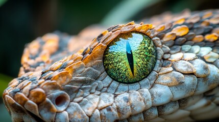 Fototapeta premium A close-up photograph of a snake's eye in the tropical jungle. The snake has green, piercing eyes and sharp teeth, and its body is covered in scales. The snake is a predator
