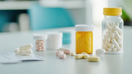 The image shows various types of pills and medications in bottles on a clean, modern table setting.