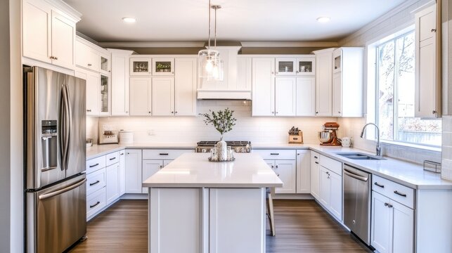 Bright and airy kitchen with white cabinets, stainless steel appliances, and natural light