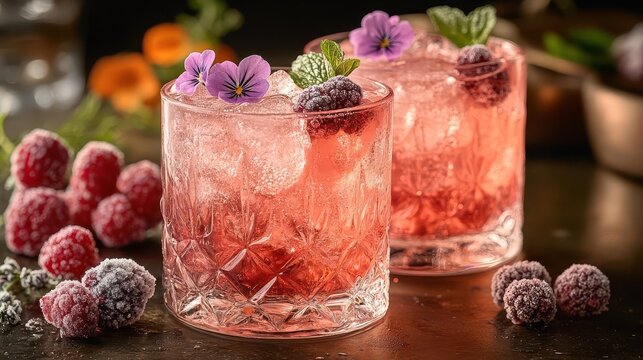 artisanal cocktail masterpiece two crystal glasses filled with a shimmering pink elixir garnished with frozen berries and edible flowers exuding sophistication and flavor
