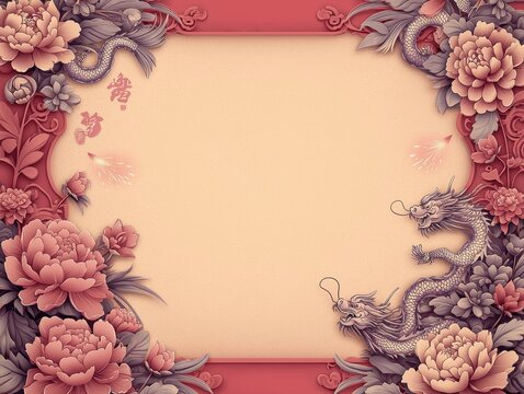 Elegant floral and dragon border frame on beige background.  Perfect for invitations, announcements, or other festive occasions.