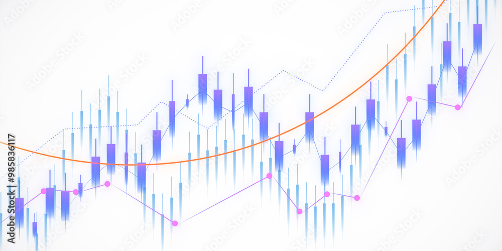 Poster Financial graph with candlestick chart and trend lines on white background. 3D Rendering
