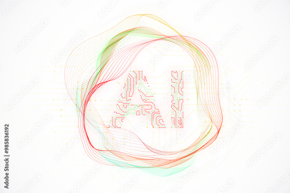 Wall mural ai text with abstract colorful lines and circuit patterns. 3d rendering