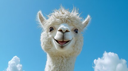 A comical white alpaca smiles against a vibrant blue sky. This South American camelid's jovial expression exudes charm and humor. 