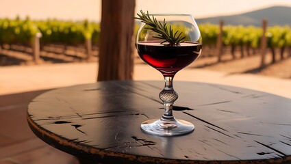  A glass of rich Spanish red wine set on a rustic wooden table, with a vineyard in the background, capturing the essence of Spain&rsquo;s wine culture

