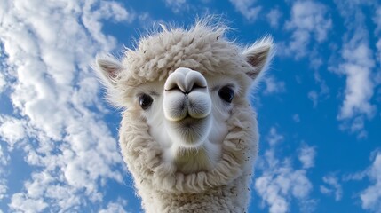 A comical white alpaca smiles against a vibrant blue sky. This South American camelid's jovial expression exudes charm and humor. 