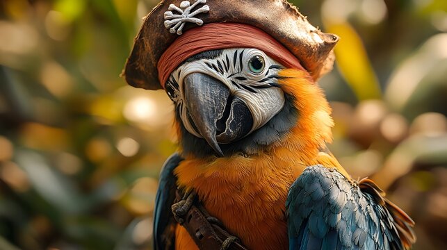 Mischievous Parrot in Pirate Costume on Halloween Themed Perch